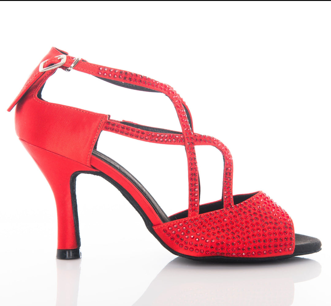 Red satin and diamante feature strap Latin heels. 8cm Latin heel, suede sole