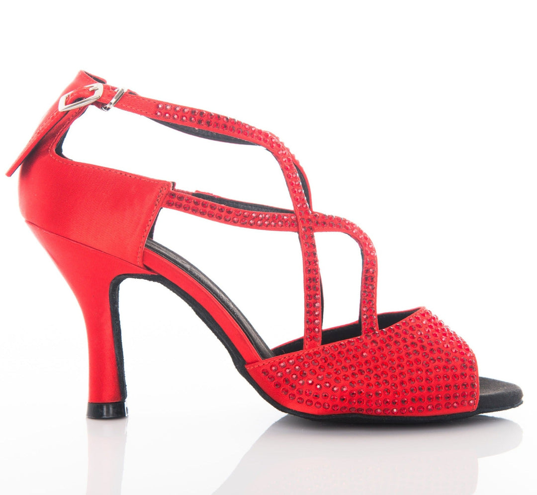 Red satin and diamante feature strap Latin heels. 8cm Latin heel, suede sole