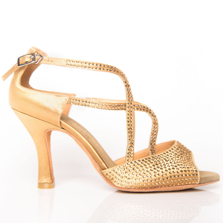 Champagne Satin Latin heel with gold diamante feature straps. 8cm Latin heel, suede sole.